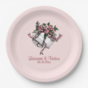 Pink Ribbon Wedding Bells Custom Names Date Pink Paper Plates