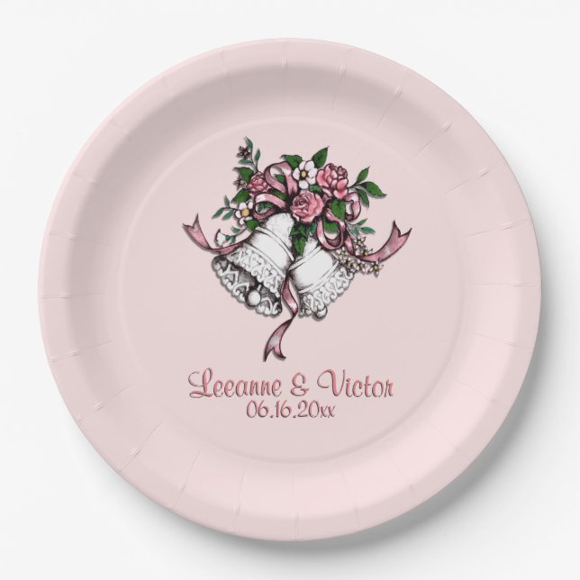 Pink Ribbon Wedding Bells Custom Names Date Pink Paper Plates (Front)