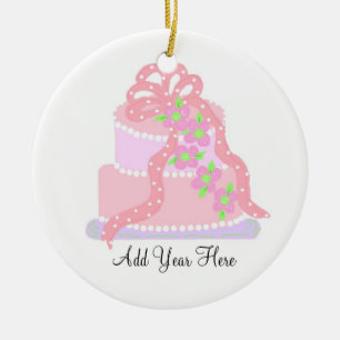 Pink Ribbon Wedding Cake Ceramic Ornament