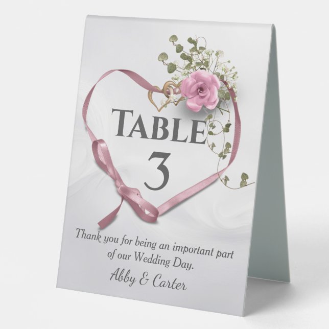 Pink Ribbon Wedding Heart With Rose Table Tent (Front)