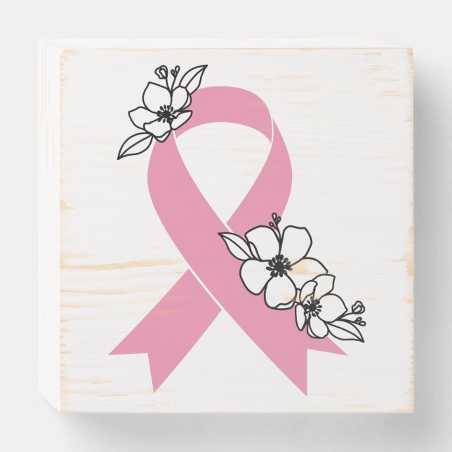 Pink Ribbon with Blossoms Wooden Box Sign (Front Horizontal)