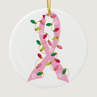 Pink Ribbon With Christmas Lights Breast Cancer Ceramic Ornament