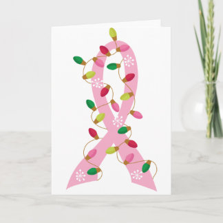 Pink Ribbon With Christmas Lights Breast Cancer Holiday Card