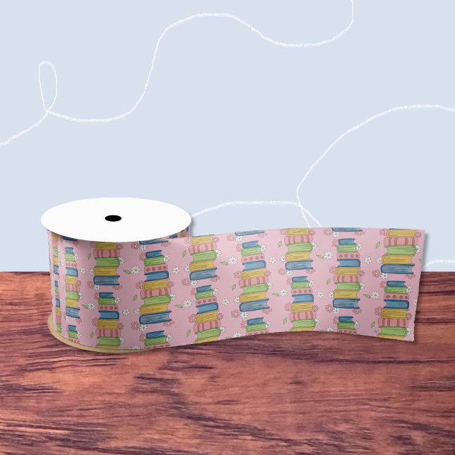 Pink Ribbon with Pile of Books and Little Flowers (Cute pink ribbon for book lovers .)