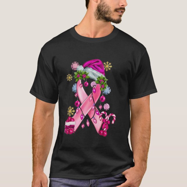 Pink Ribbon With Santa Hat Breast Cancer Awareness T-Shirt (Front)