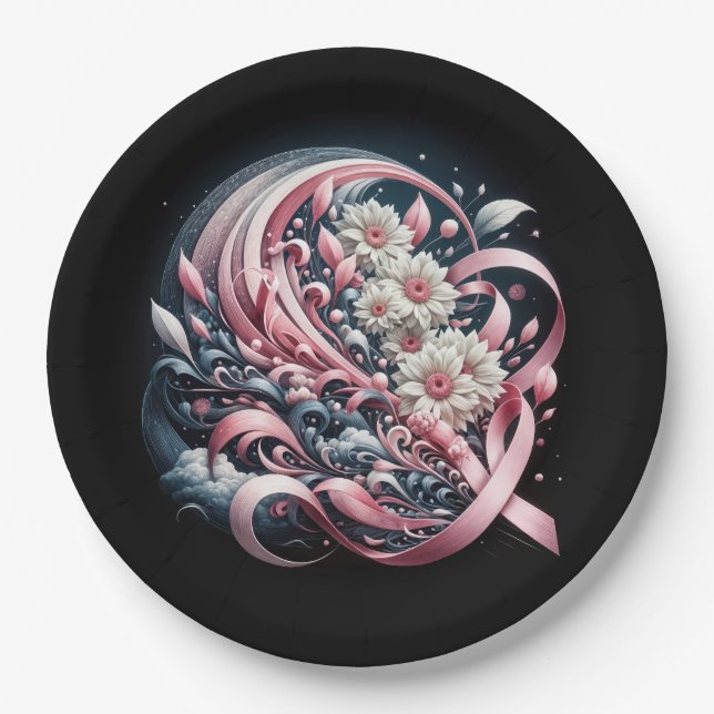 Pink Ribbons and Daisy Bouquet Paper Plates (Front)