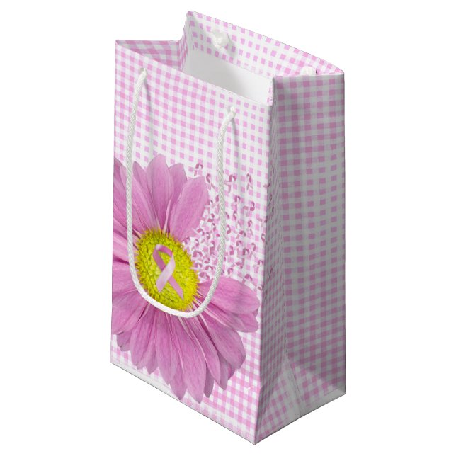 Pink Ribbons and Daisy On Gingham Small Gift Bag (Front Angled)