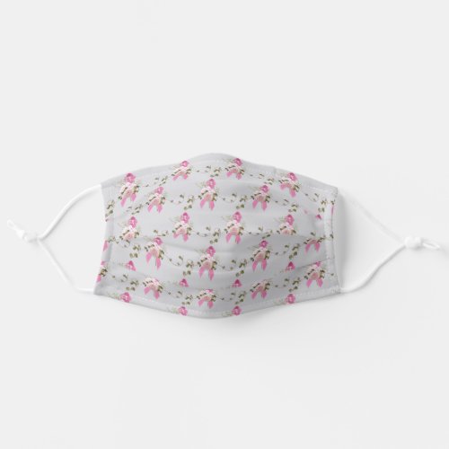 pink ribbons and roses on gray adult cloth face mask