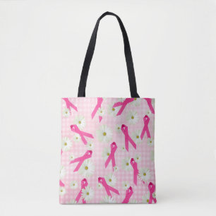 pink ribbons and white daisies tote bag