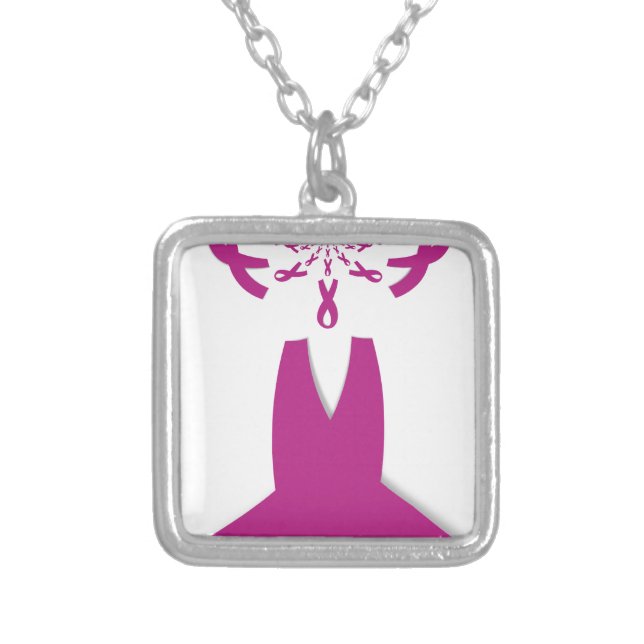 Pink Ribbons Breast Cancer Awareness Art Print Silver Plated Necklace (Front)