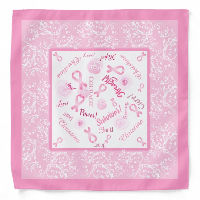 Pink Ribbons Breast Cancer Survivor Support Name Bandana (Front)
