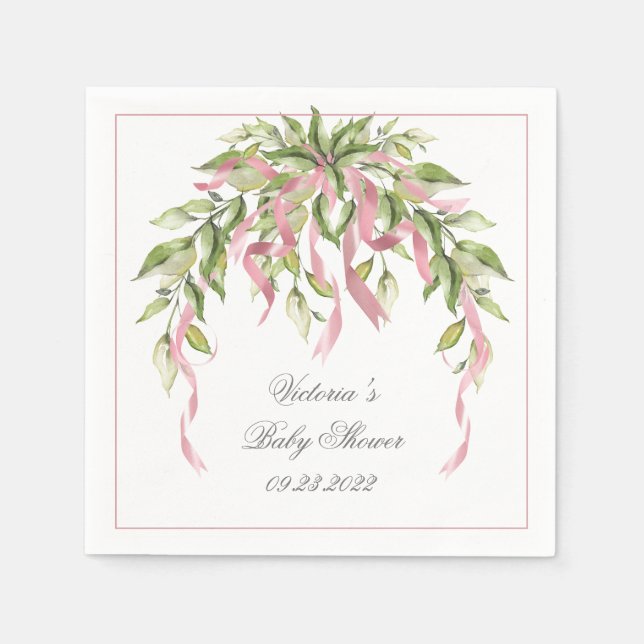 Pink Ribbons Elegant Personalized Baby Shower Napkins (Front)
