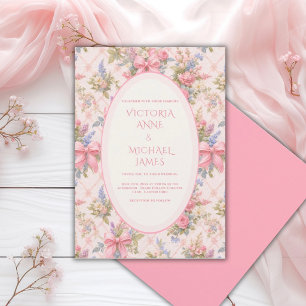 Pink Ribbons Floral Vintage Wedding Invitation
