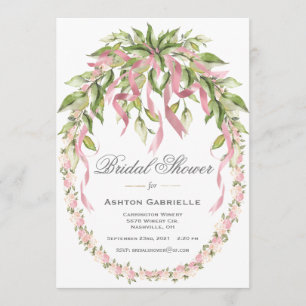 Pink Ribbons Floral Wreath Elegant Bridal Shower Invitation