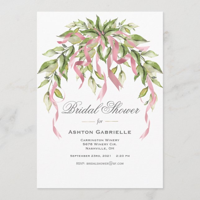 Pink Ribbons Greenery Elegant Bridal Shower  Invitation (Front)