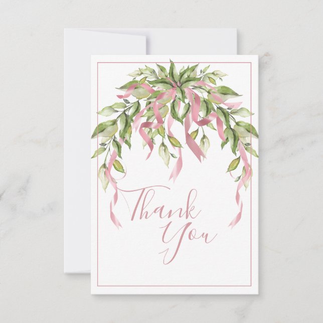 Pink Ribbons Greenery Elegant  Thank You Card (Front)