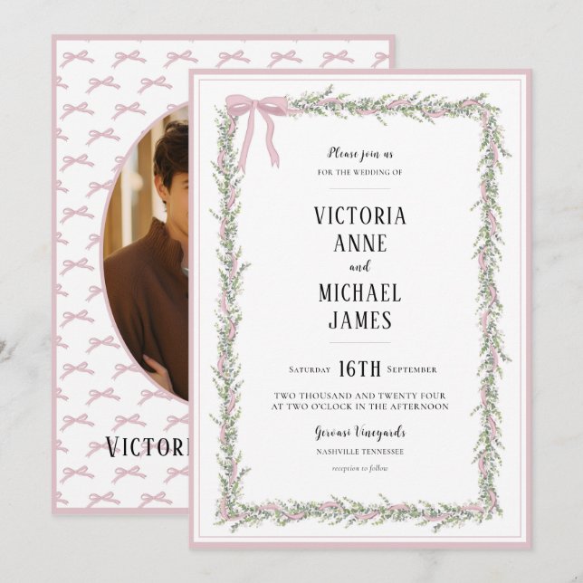 Pink Ribbons & Greenery Vintage Wedding Invitation (Front/Back)