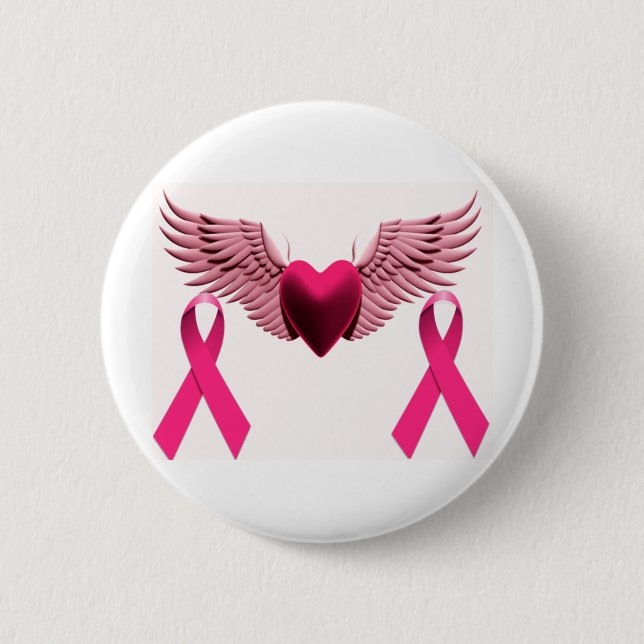 Pink Ribbons & Heart of Love & Support Pinback Button (Front)