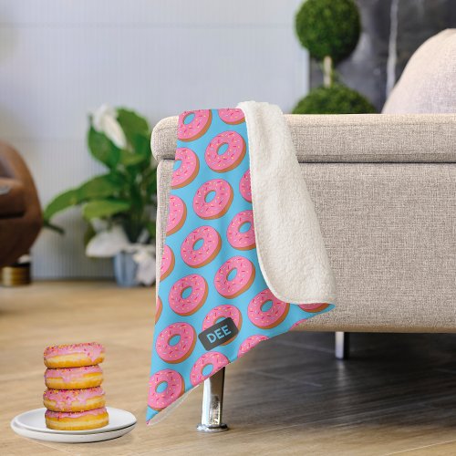 Pink Ring Donuts on Blue _ Add Your Initials to Sherpa Blanket