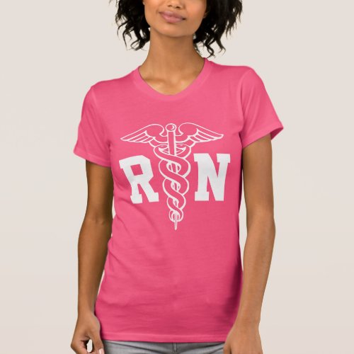 Pink RN nurse t shirt with caduceus symbol