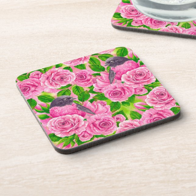 Pink Robin and roses Beverage Coaster (Left Side)