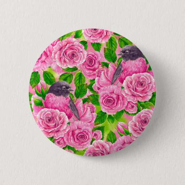 Pink Robin and roses Button (Front)