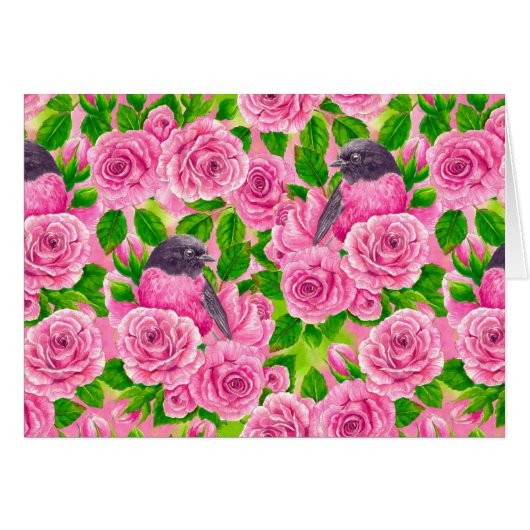Pink Robin and roses Cards (Front Horizontal)