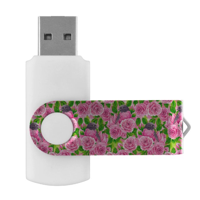 Pink Robin and roses Flash Drive (Opened)