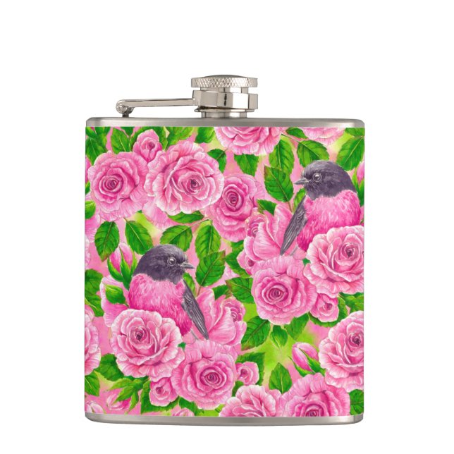 Pink Robin and roses Flask (Front)