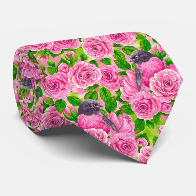 Pink Robin and roses Neck Tie (Rolled)