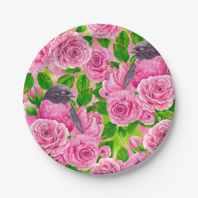 Pink Robin and roses Paper Plates (Front)