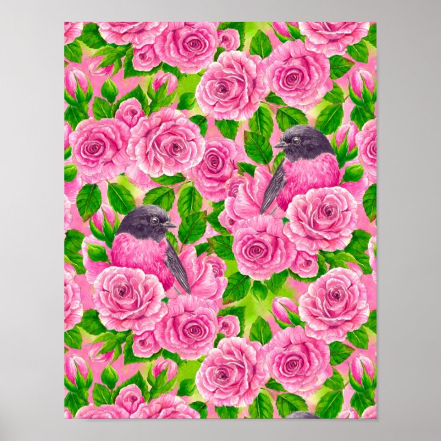 Pink Robin and roses Poster (Front)