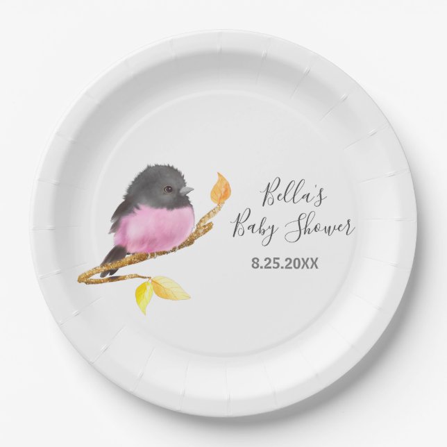 Pink Robin Bird Baby Shower Paper Plates (Front)