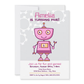Pink Robot Girl Birthday Party Invitation