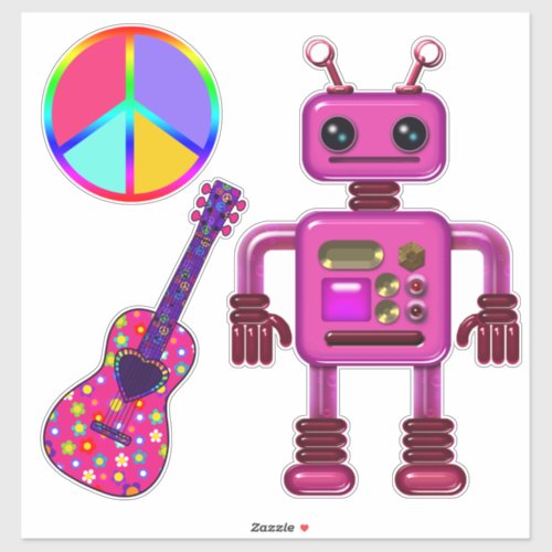 Pink Robot Guitar and Peace Sign Cute Sticker