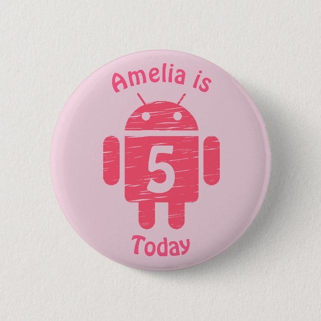 Pink Robot Kids Custom Age Birthday Button (Front)
