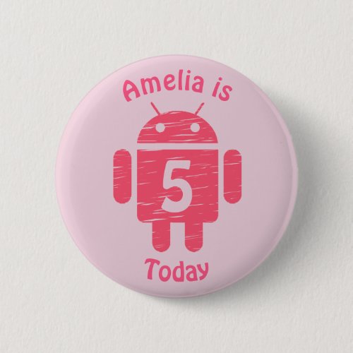 Pink Robot Kids Custom Age Birthday Button