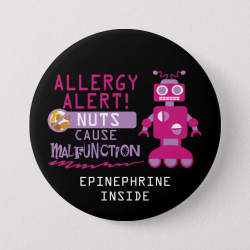 Pink Robot Nut Allergy Alert Girls Personalized Button