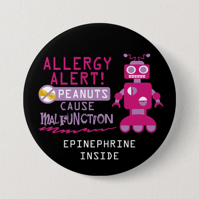 Pink Robot Peanut Allergy Alert Girls Personalized Pinback Button (Front)