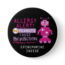 Pink Robot Peanut Allergy Alert Girls Personalized Pinback Button