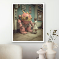 Pink robot young girl illustration vintage retro