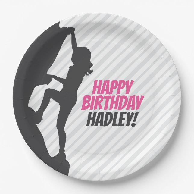 Pink Rock Climbing Birthday | Rock Climbing Custom Paper Plates (Front)