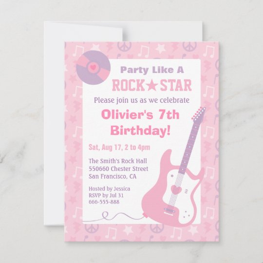 Pink Rock Star Girls Birthday Party Invitations | Zazzle.com