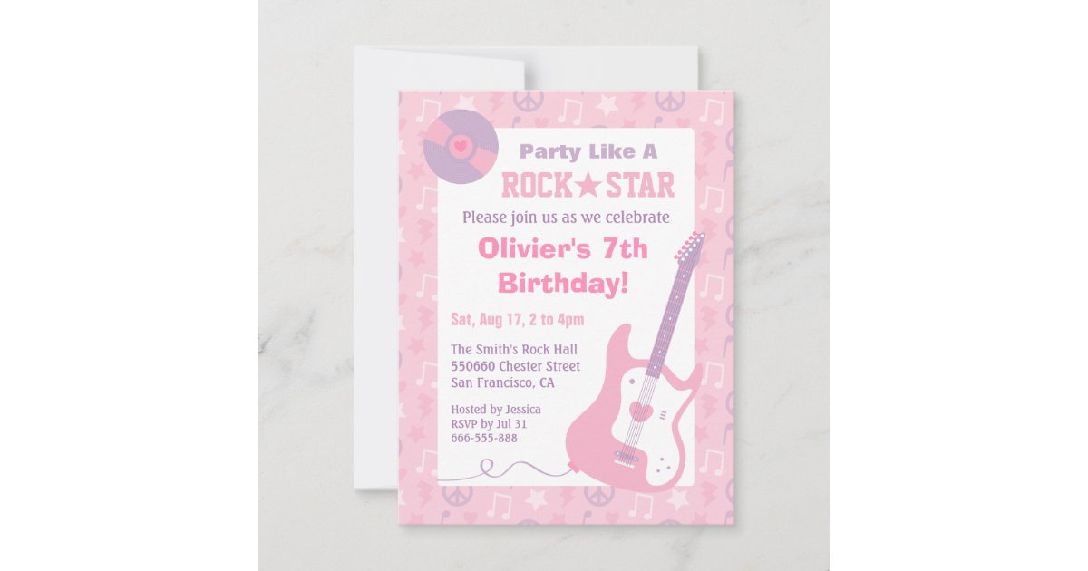 Pink Rock Star Girls Birthday Party Invitations | Zazzle