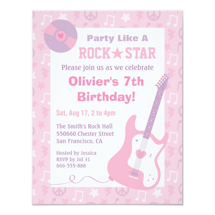 Pink Rock Star Girls Birthday Party Invitations | Zazzle.com