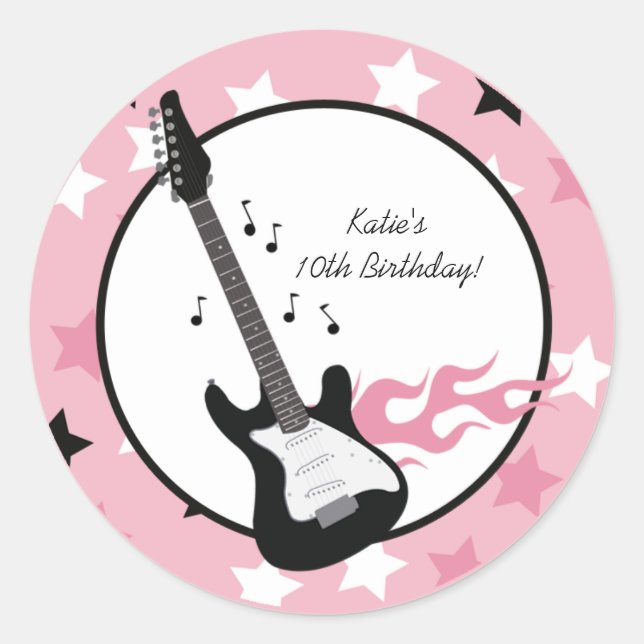 PINK ROCK STAR GUITAR 3" Favor Stickers (Front)