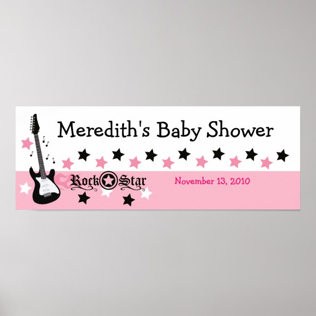 Pink Rock Star Guitar Custom Baby Shower Banner Poster (Front)