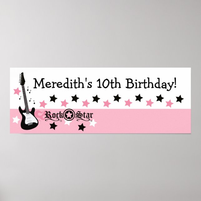 Pink Rock Star Guitar Custom Birthday Banner Poster (Front)