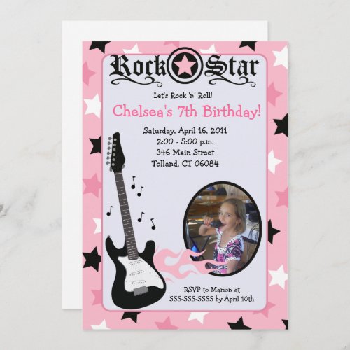 Pink Rock Star Guitar PHOTO Birthday 5x7 Invitation