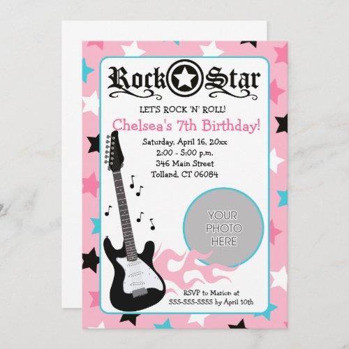 Pink Rock Star Guitar PHOTO Birthday 5x7 Invitation